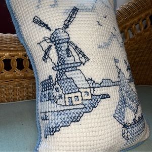 HAND CRAFTED DELFT Crochet or Knit Pillow Cover Sham Cross Stitch Dutch Design